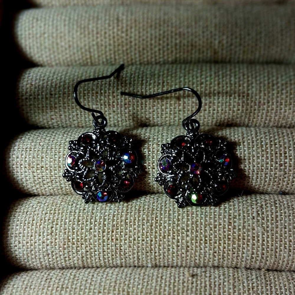 Vintage-Inspired Black Filigree Earrings with Multicolor Rhinestones